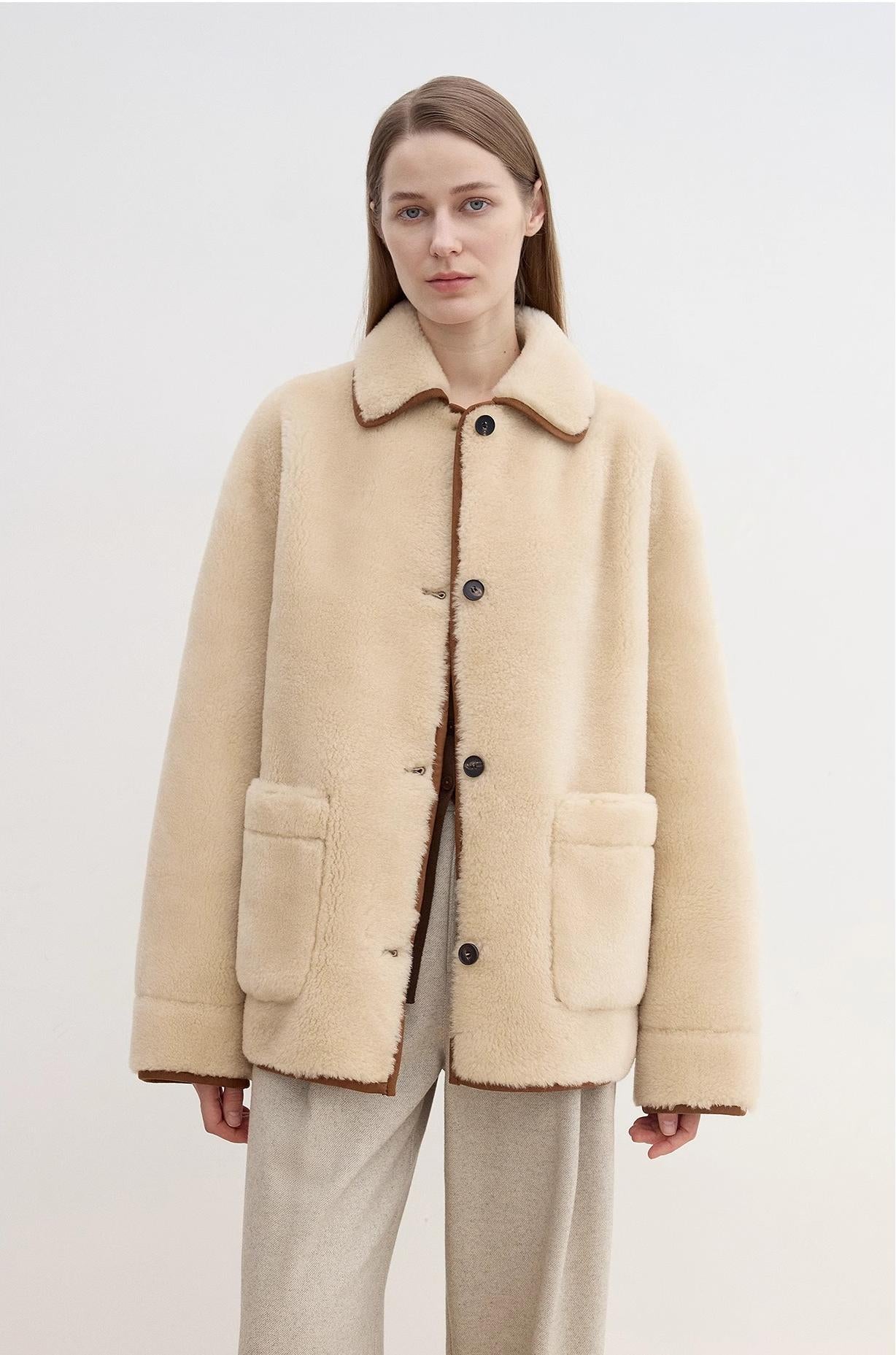 "Winter Concerto" Lapel Wool Artificial Compound Suede Vintage Contrast Colored Shearling Coat