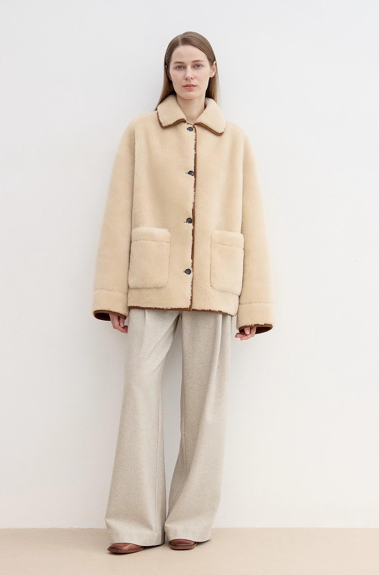 "Winter Concerto" Lapel Wool Artificial Compound Suede Vintage Contrast Colored Shearling Coat