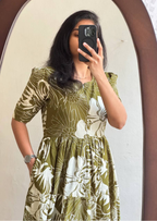 Olive Botanical Soft Cotton Midi Dress