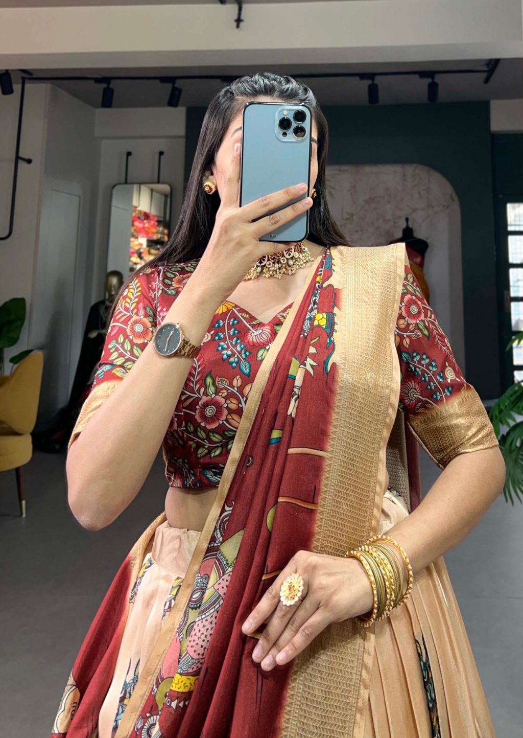 Beige Kalamkari Dola Silk Lehenga Set with Zari Weaving-1