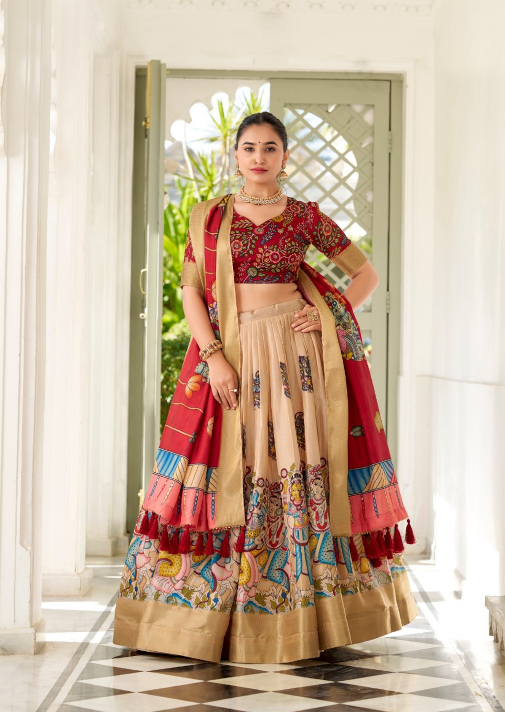 Beige Kalamkari Dola Silk Lehenga Set with Zari Weaving-2