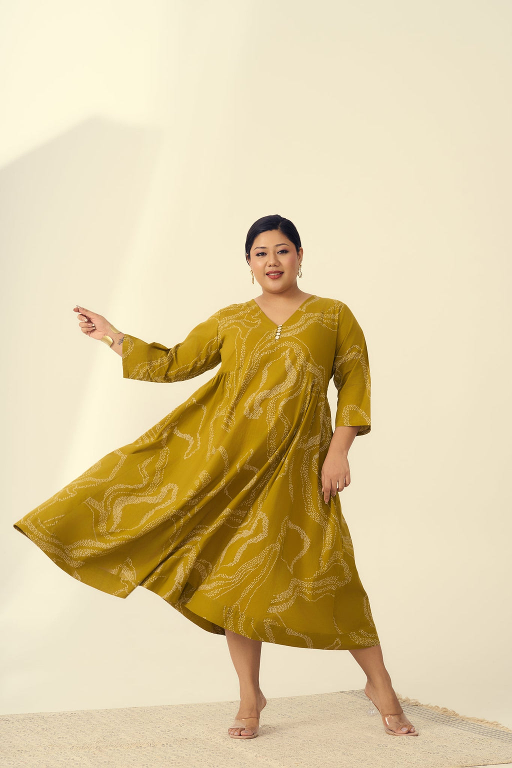 Abstract Print Mustard Cotton Midi Dress