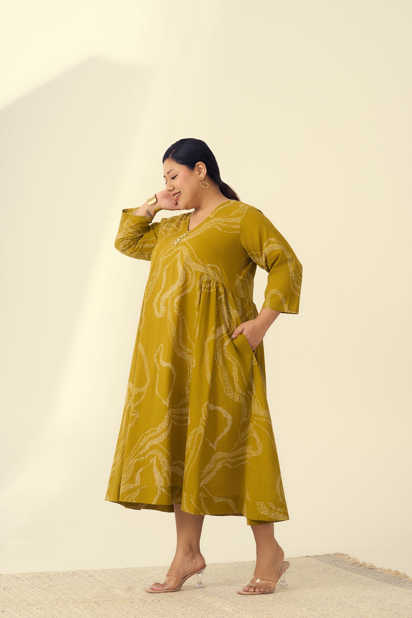 Abstract Print Mustard Cotton Midi Dress