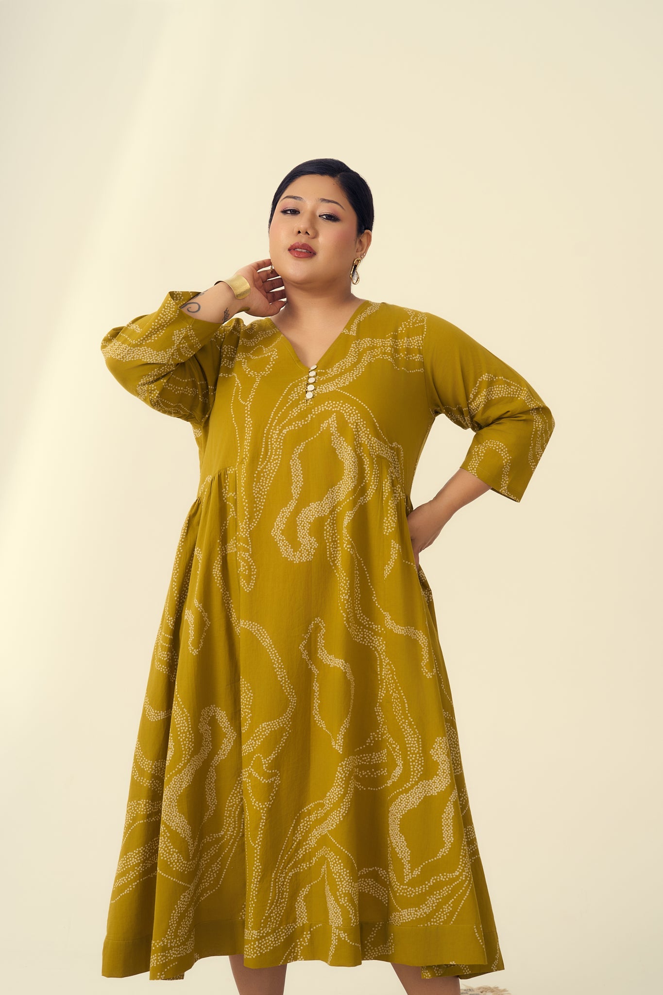 Abstract Print Mustard Cotton Midi Dress