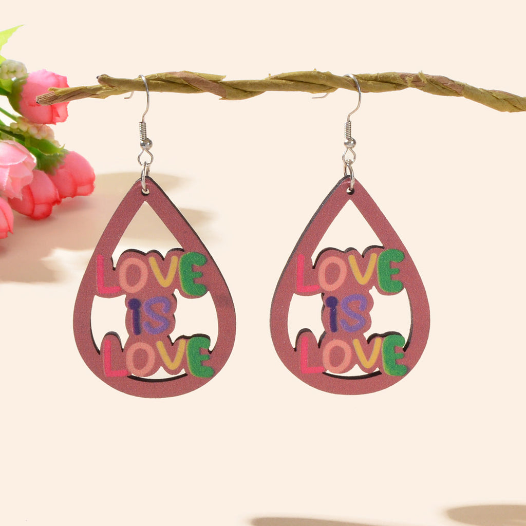 Colourful Letter Love Hollow out Wood Water Drop Earrings Dating Holiday Jewelry