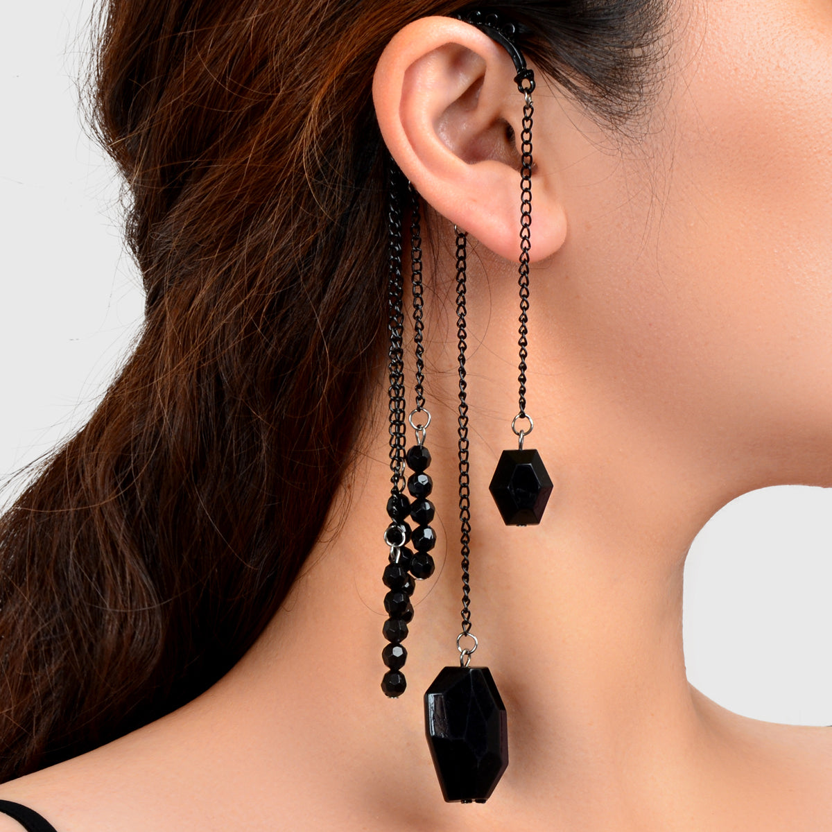 1pc Punk Rock Black Long Chain Tassel Beads Drop Earrings Ear Cuff Ear Climber