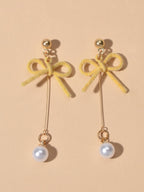 Charming Long Gold Chain Pearl Bowknot Dangle Lightweight Gift Holiday Earrings