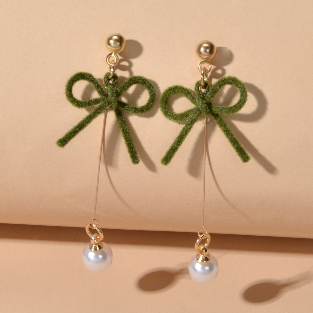Charming Long Gold Chain Pearl Bowknot Dangle Lightweight Gift Holiday Earrings