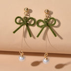 Charming Long Gold Chain Pearl Bowknot Dangle Lightweight Gift Holiday Earrings