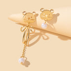 Asymmetrical Pearl Decoration Gold Long Chain Bear Dangle Stud Pierced Earrings