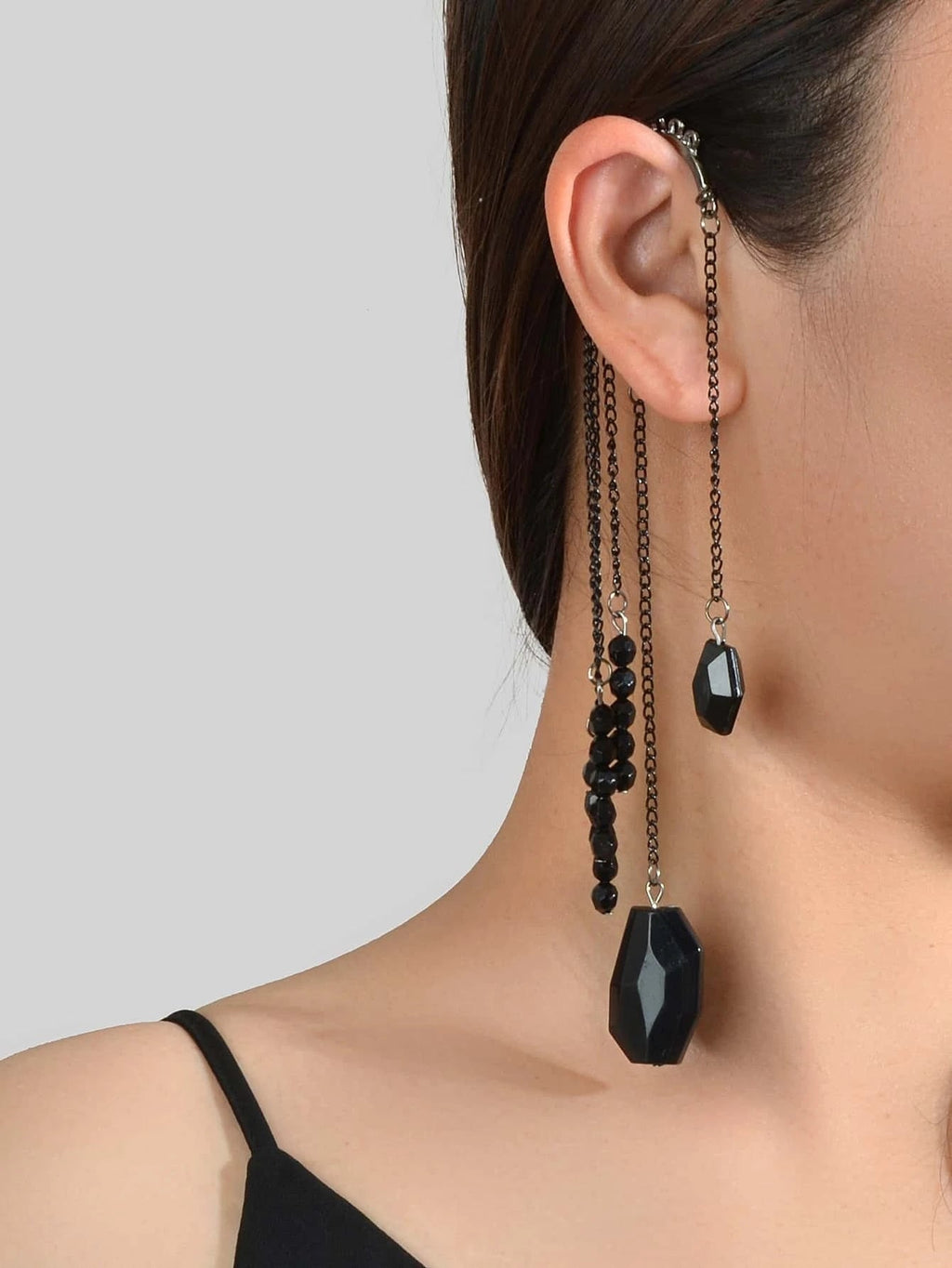 1pc Punk Rock Black Long Chain Tassel Beads Drop Earrings Ear Cuff Ear Climber