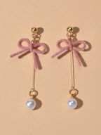 Charming Long Gold Chain Pearl Bowknot Dangle Lightweight Gift Holiday Earrings