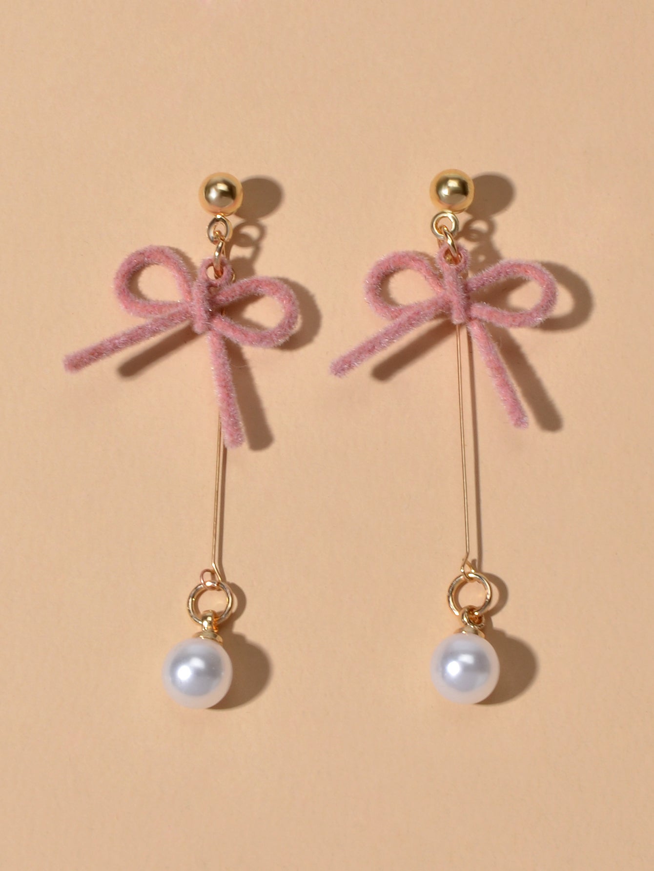 Charming Long Gold Chain Pearl Bowknot Dangle Lightweight Gift Holiday Earrings