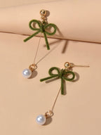 Charming Long Gold Chain Pearl Bowknot Dangle Lightweight Gift Holiday Earrings