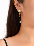 Asymmetrical Pearl Decoration Gold Long Chain Bear Dangle Stud Pierced Earrings