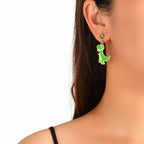 Asymmetrical Cartoon Design Green Beads Enamel Dinosaur Dangle Animal Earrings