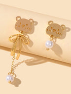 Asymmetrical Pearl Decoration Gold Long Chain Bear Dangle Stud Pierced Earrings