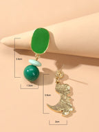 Asymmetrical Cartoon Design Green Beads Enamel Dinosaur Dangle Animal Earrings