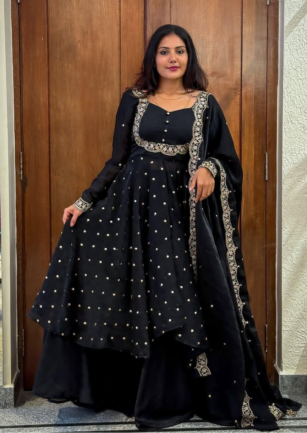 Black Chitra Silk Embroidered Cape Anarkali Suit Set