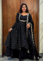 Black Chitra Silk Embroidered Cape Anarkali Suit Set-0