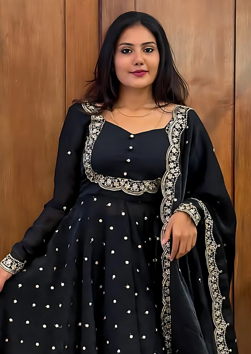 Black Chitra Silk Embroidered Cape Anarkali Suit Set