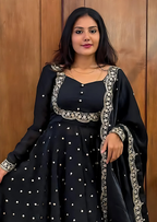 Black Chitra Silk Embroidered Cape Anarkali Suit Set-1
