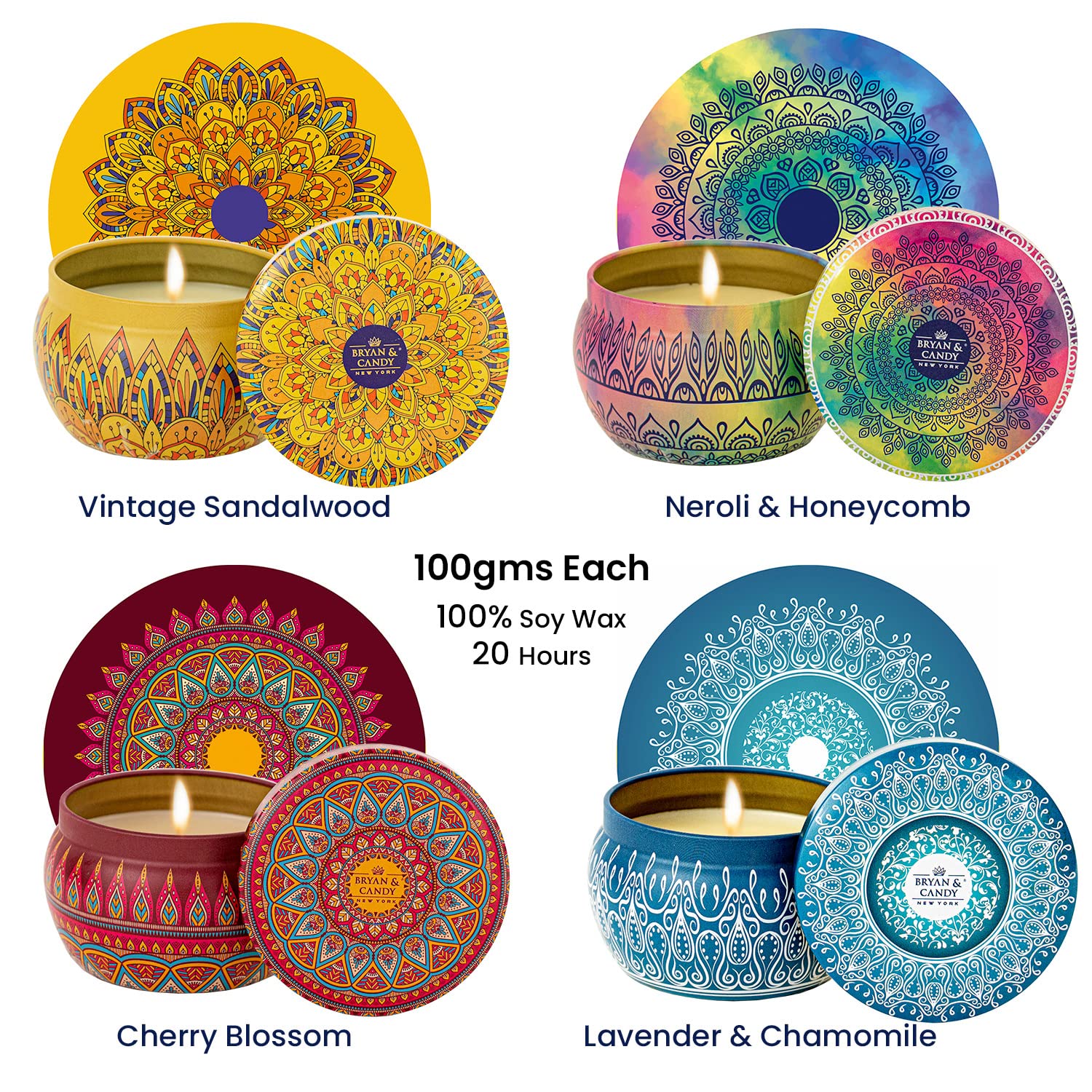 Bryan & Candy Scented Candles | Gift Set for Women & Men,Cherry Blossom,Vintage Sandalwood,Neroli & Honeycomb,Lavender & Chamomile Aromatherapy Candles