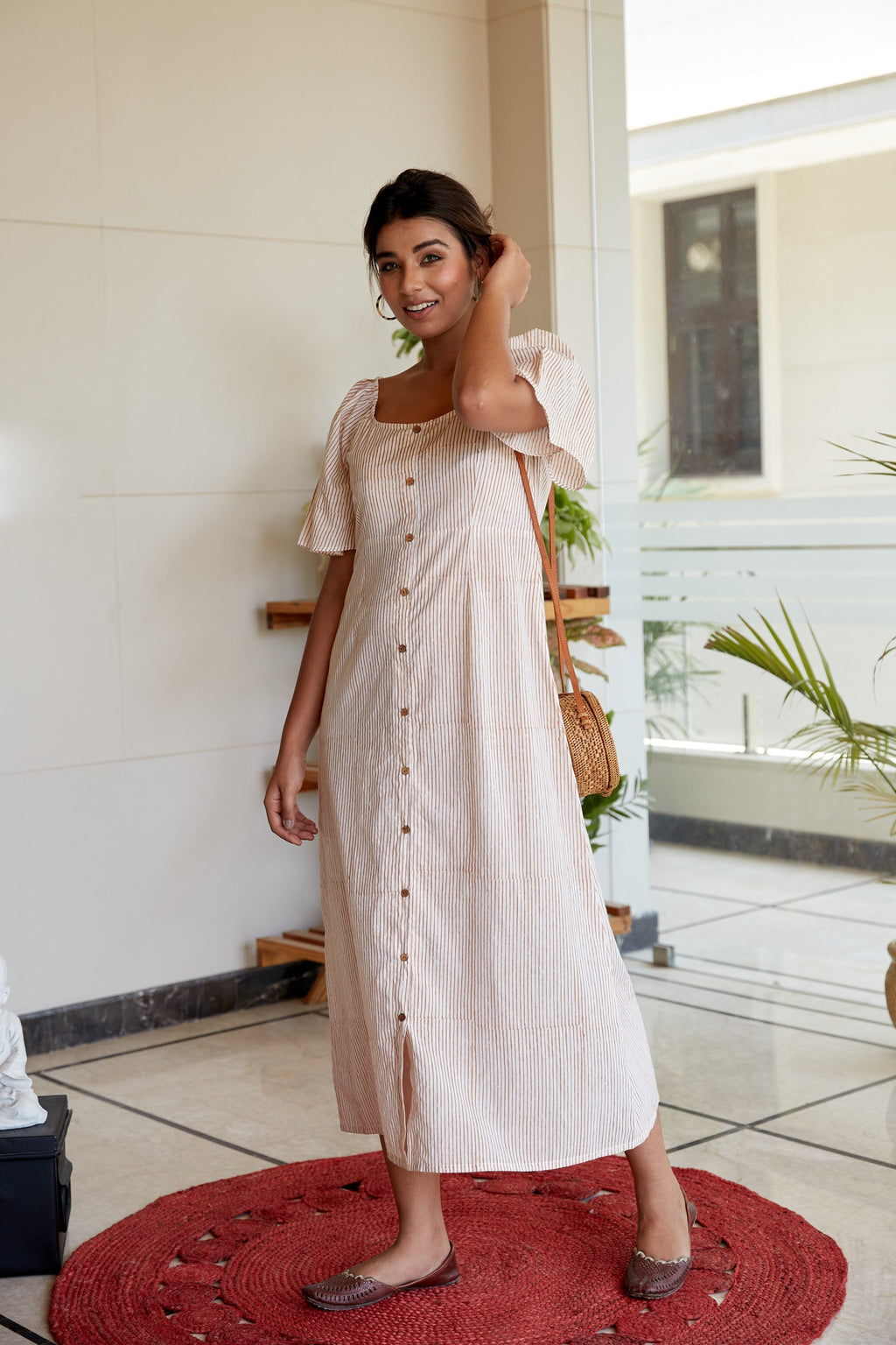 Brown Striped Cotton Buttondown Maxi Dress