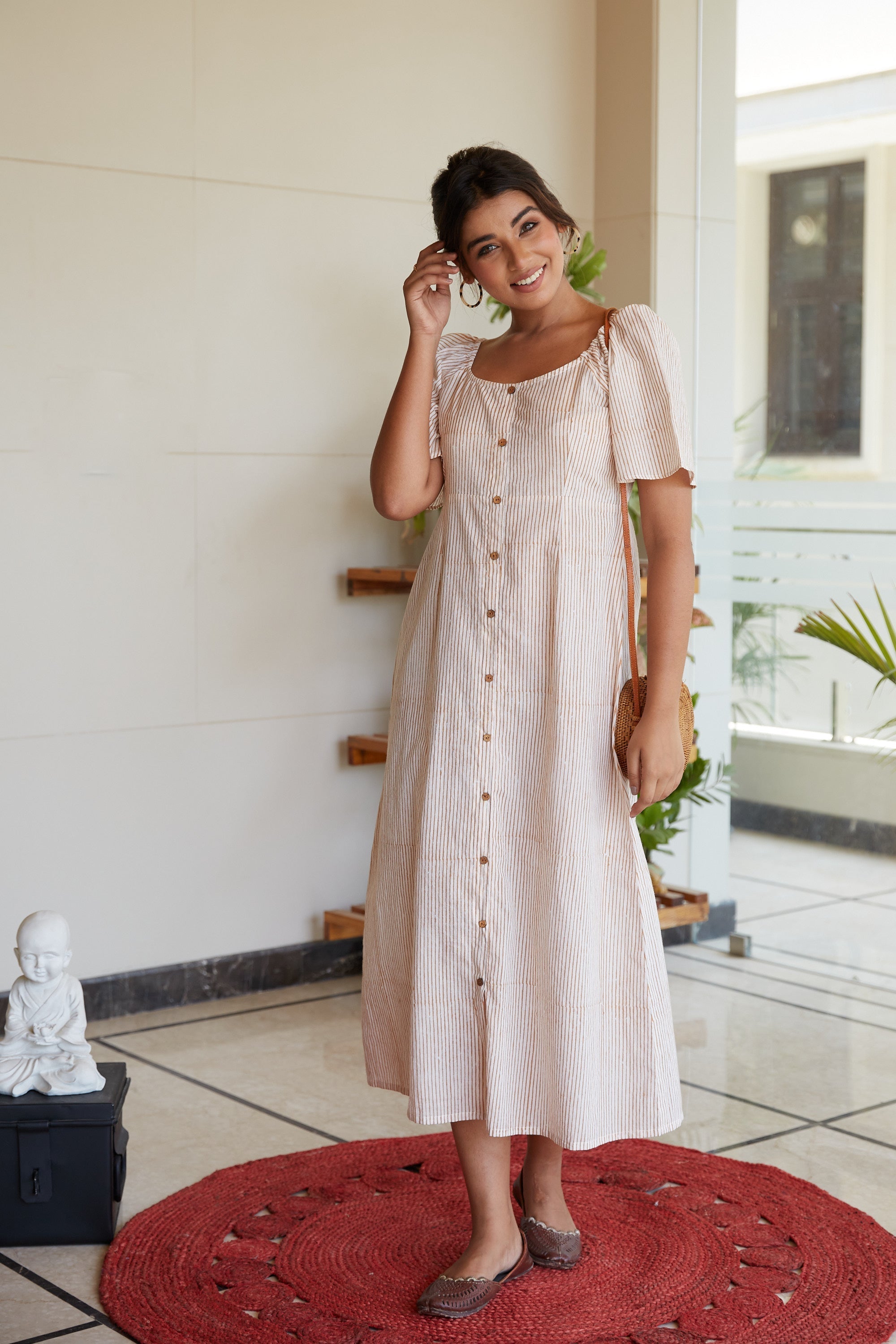 Brown Striped Cotton Buttondown Maxi Dress