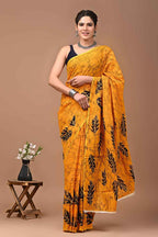 Basanti Baag Mustard Mulmul Cotton Saree with Leaf Block Prints