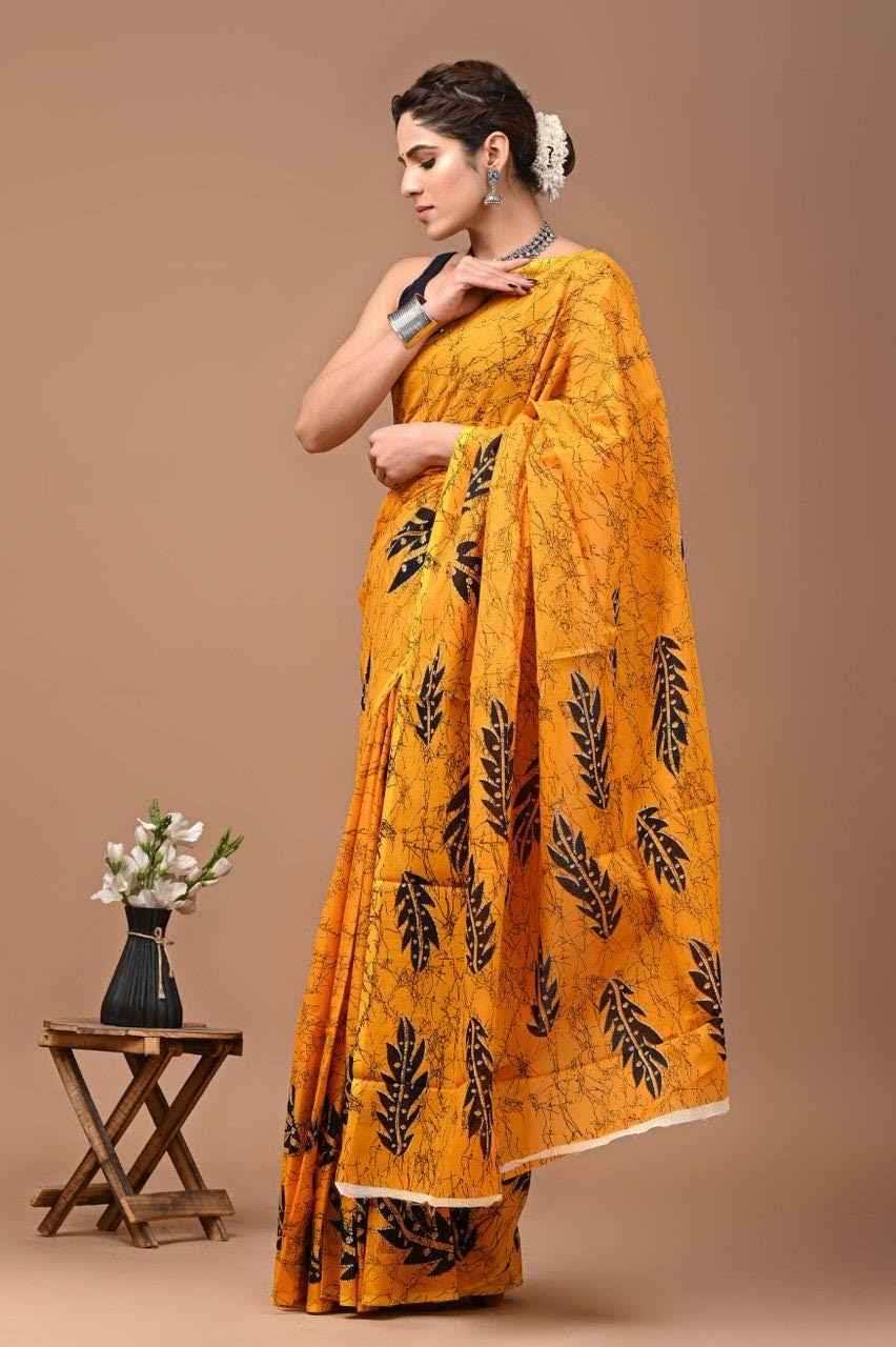 Basanti Baag Mustard Mulmul Cotton Saree with Leaf Block Prints