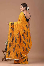 Basanti Baag Mustard Mulmul Cotton Saree with Leaf Block Prints