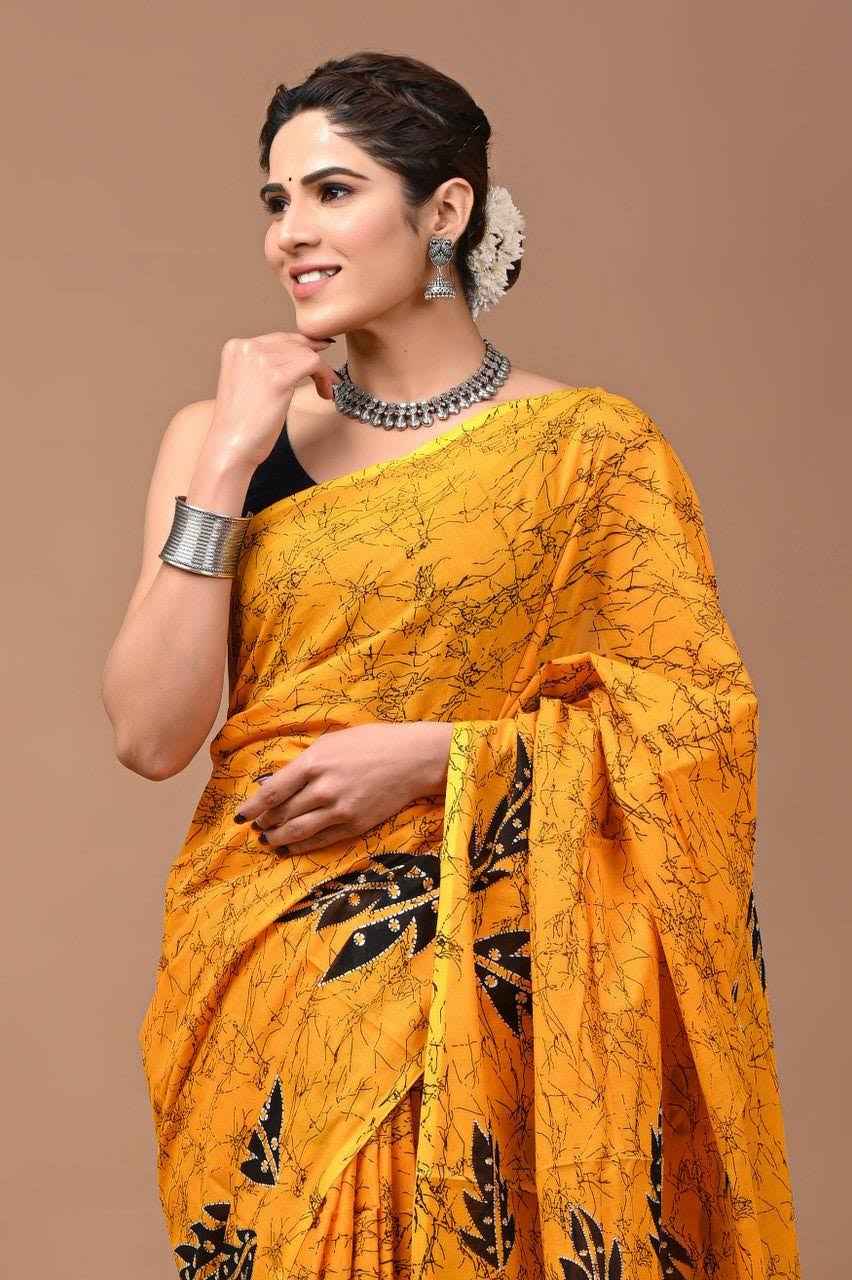 Basanti Baag Mustard Mulmul Cotton Saree with Leaf Block Prints