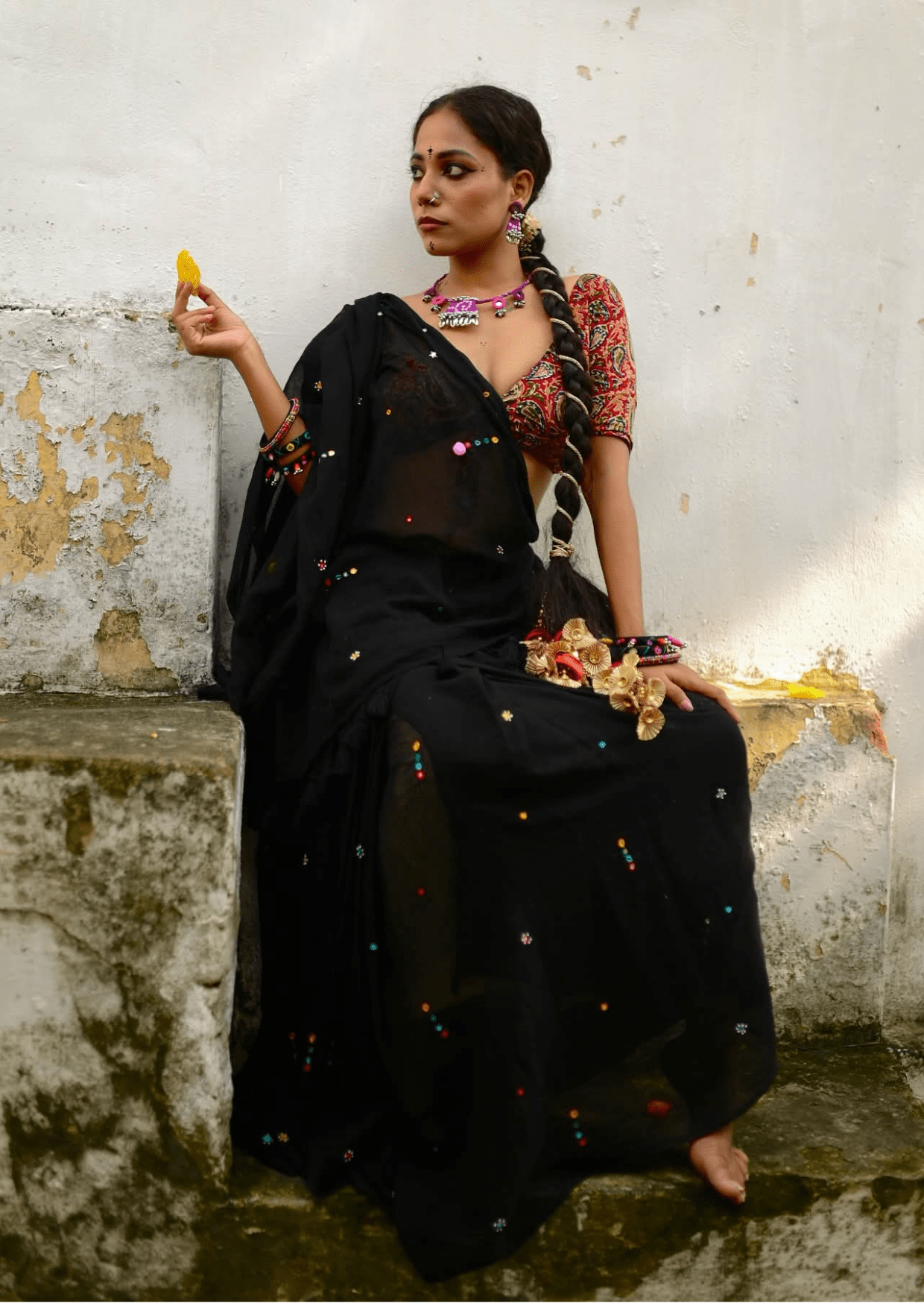 Charulata Noir Pure Mul Cotton Mirrorwork Saree